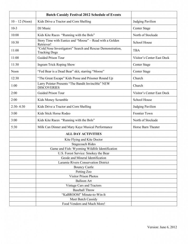 Butch Cassidy Festival 2012 Schedule of Events JPEG